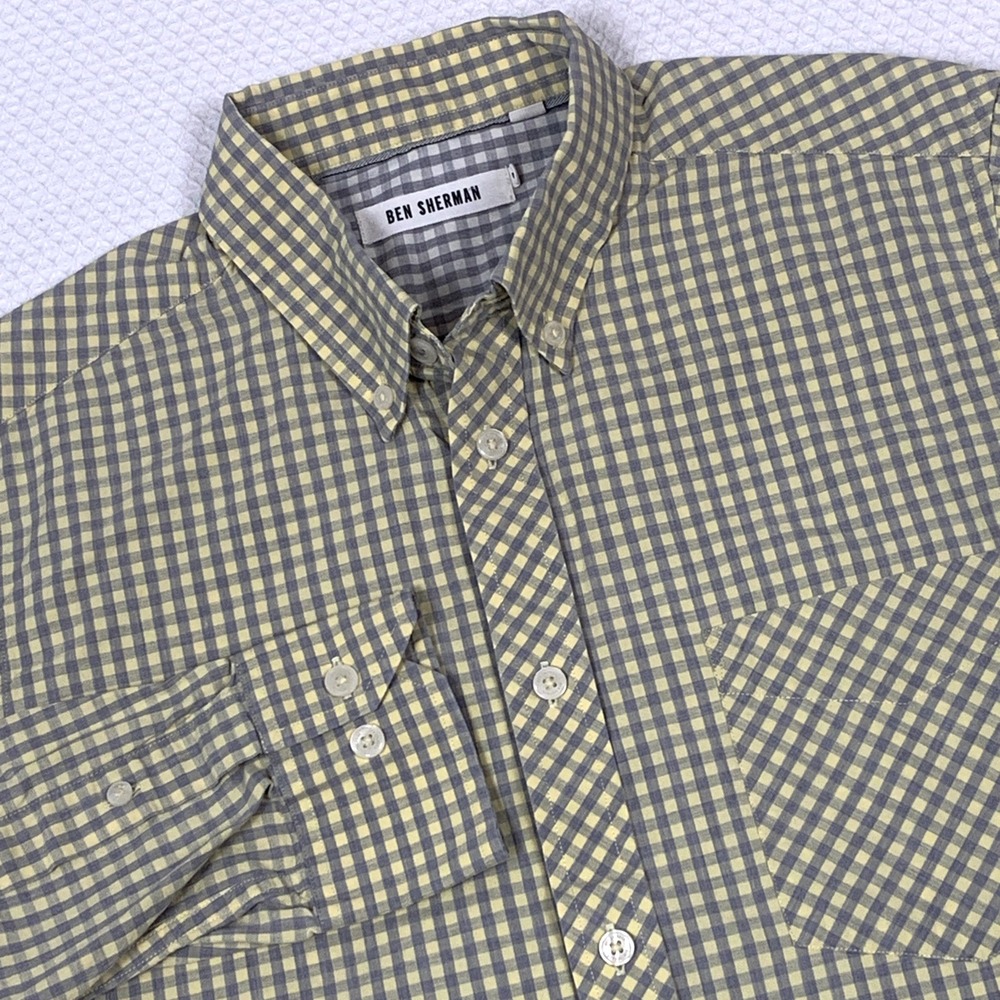 Ben Sherman Yellow & Grey Plaid Button Down Shirt Mens Size Medium Long Sleeve